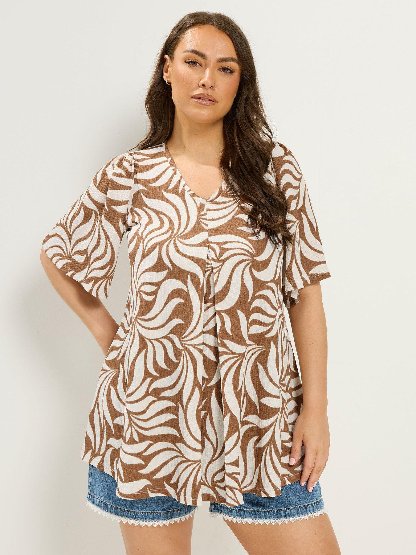 Image 1 of 4 of Yours Curve Abstract Print Pleat Front T-Shirt - Natural Brown