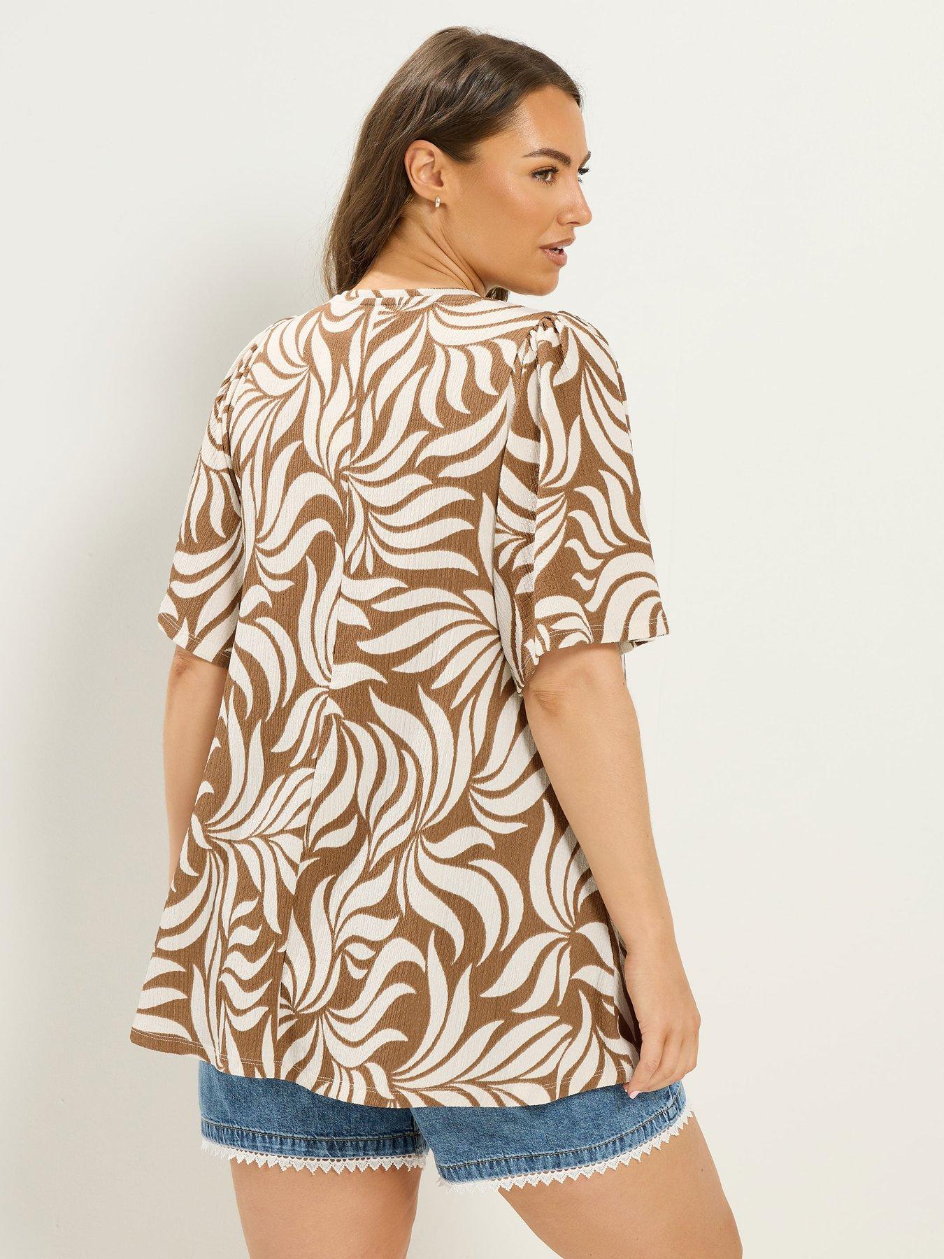 Image 2 of 4 of Yours Curve Abstract Print Pleat Front T-Shirt - Natural Brown