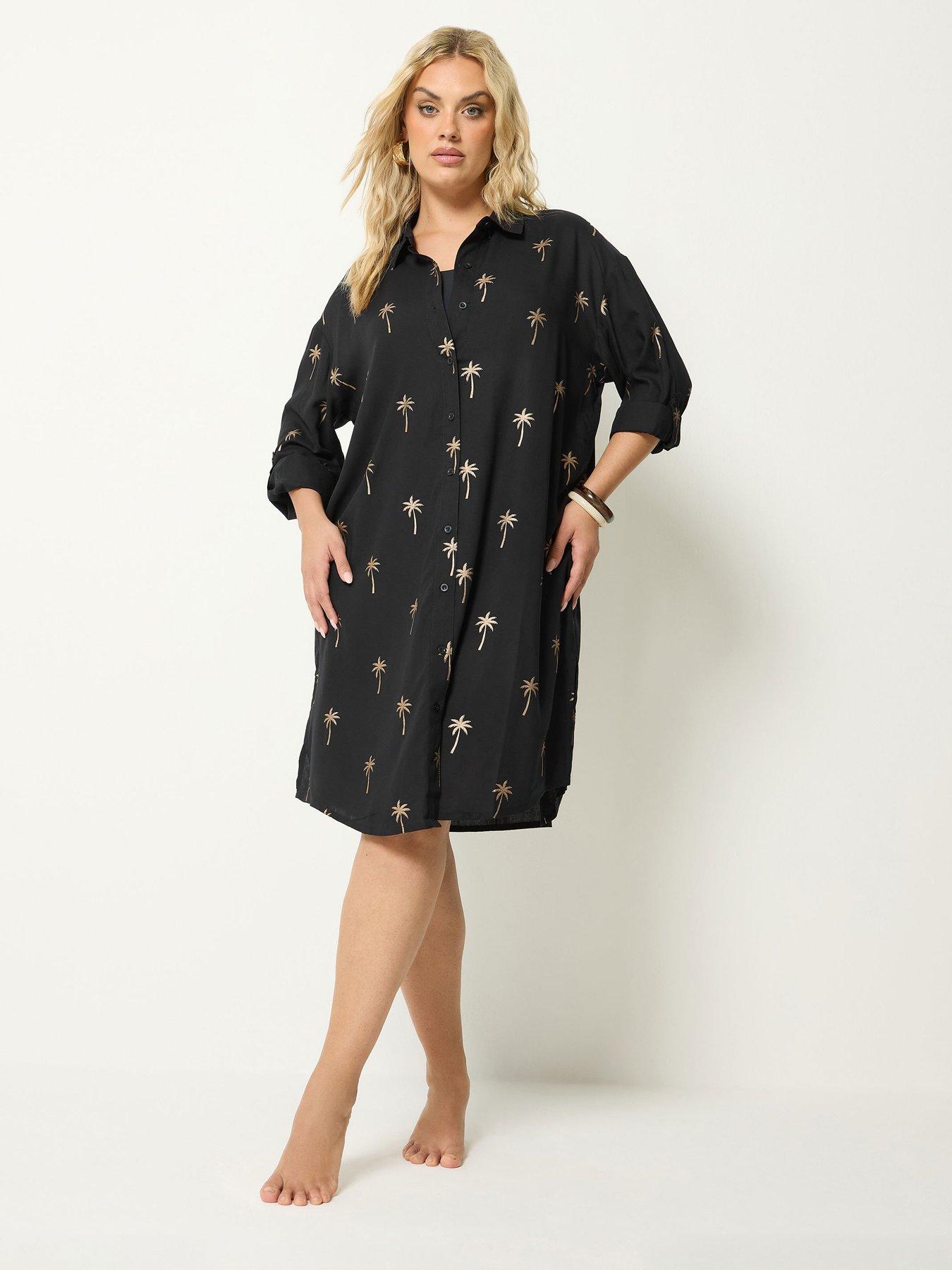 Image 1 of 4 of Yours Curve Palm Tree Shirt Dress - Black