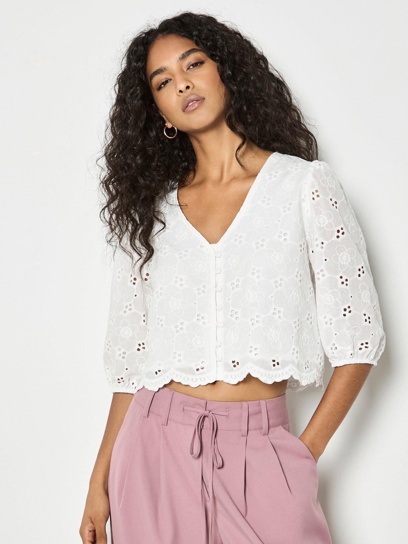 Apricot Daisy Broderie Button Top - White