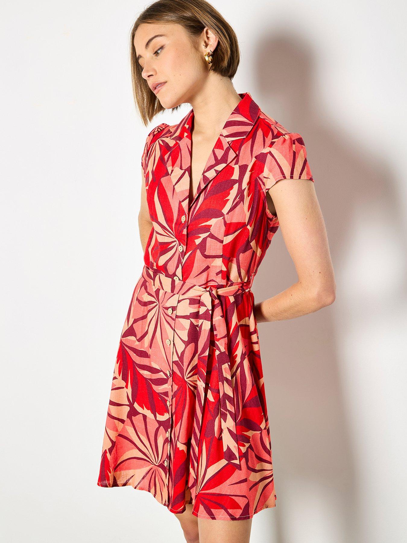 Apricot Layered Graphic Tropical In Button Thru Dress