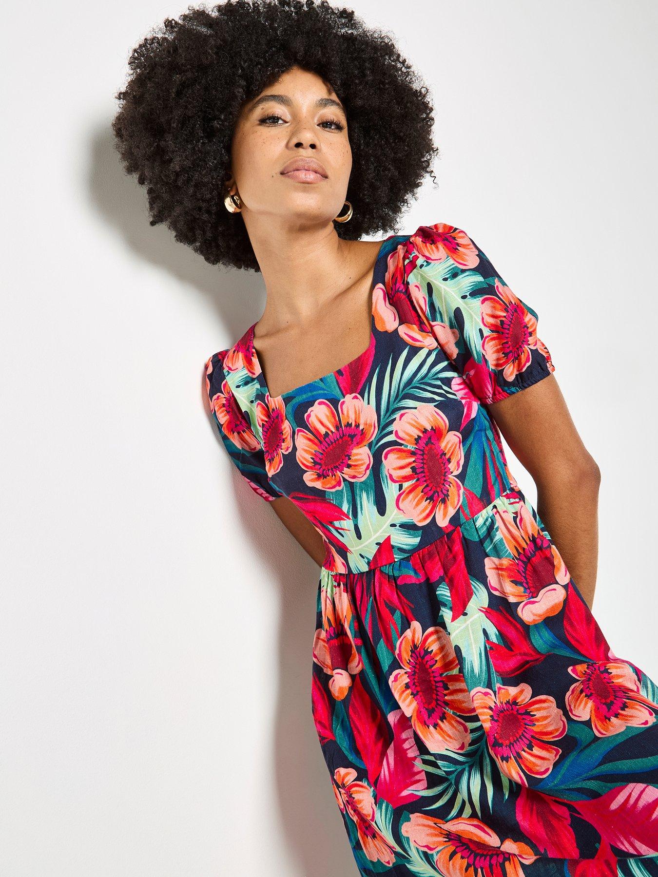 Image 1 of 5 of Apricot Tropical Floral Square Neck Mini Dress - Pink