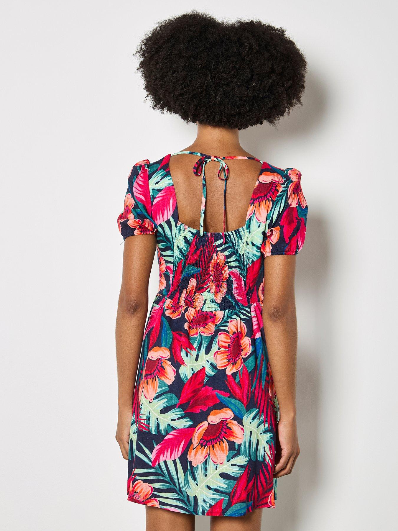 Image 2 of 5 of Apricot Tropical Floral Square Neck Mini Dress - Pink