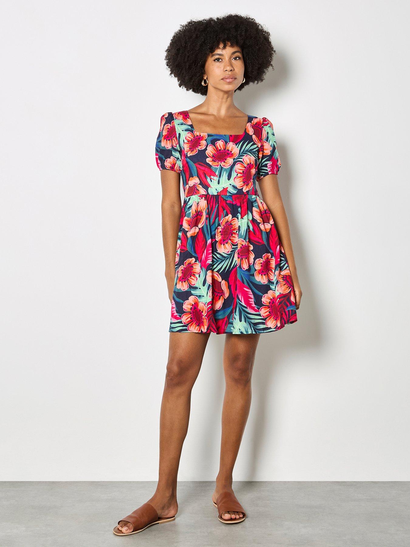 Image 3 of 5 of Apricot Tropical Floral Square Neck Mini Dress - Pink