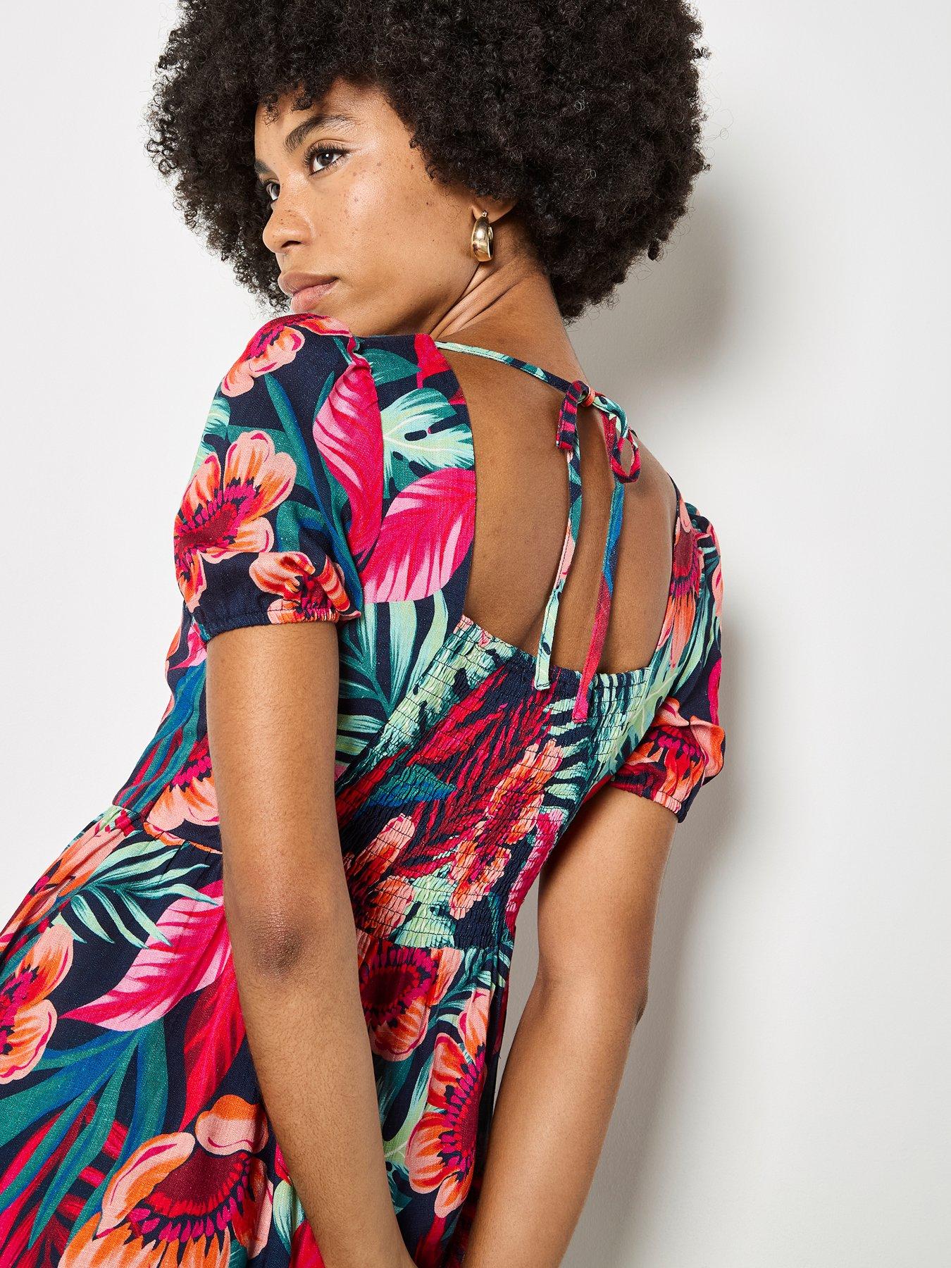 Image 4 of 5 of Apricot Tropical Floral Square Neck Mini Dress - Pink