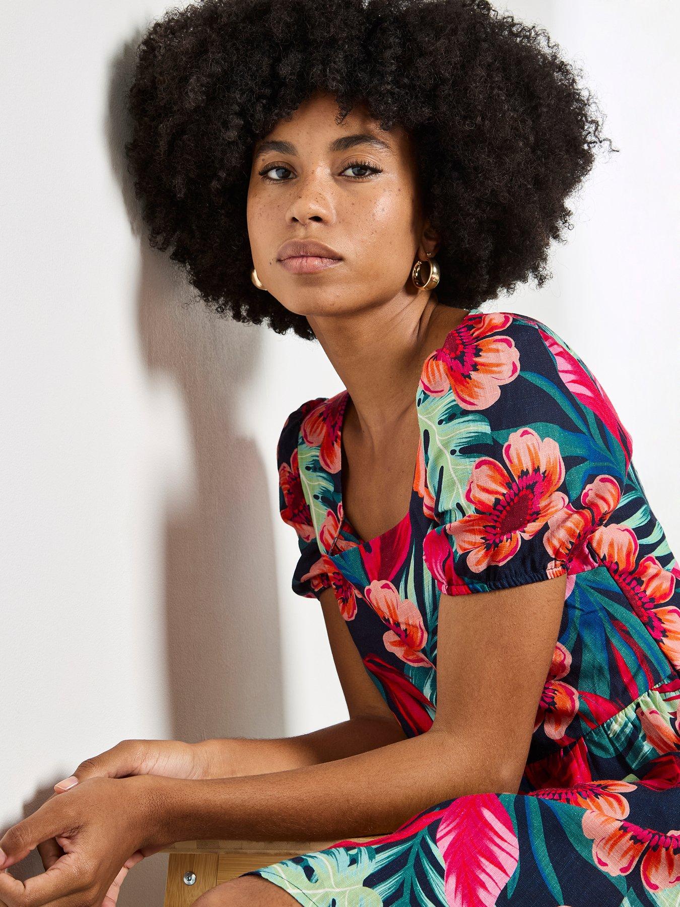 Image 5 of 5 of Apricot Tropical Floral Square Neck Mini Dress - Pink