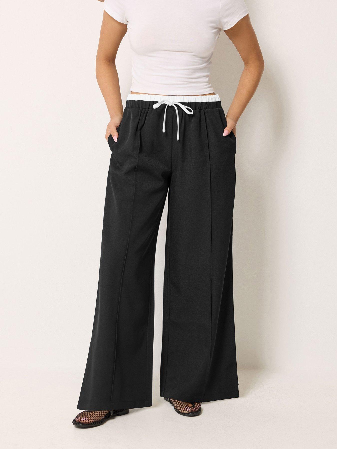 PixieGirl Petite Contrast Waist Pintuck Wide Leg Trousers - Black