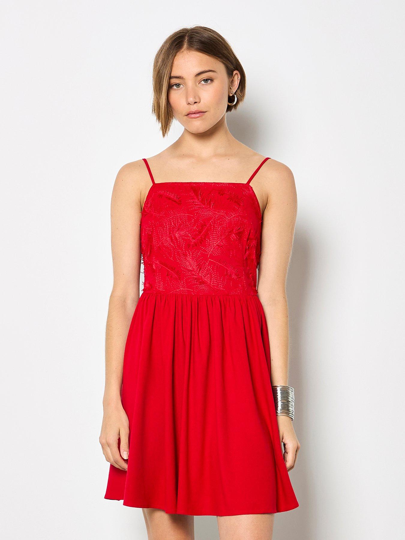 Apricot Cami Feather Embroidery Dress - Red