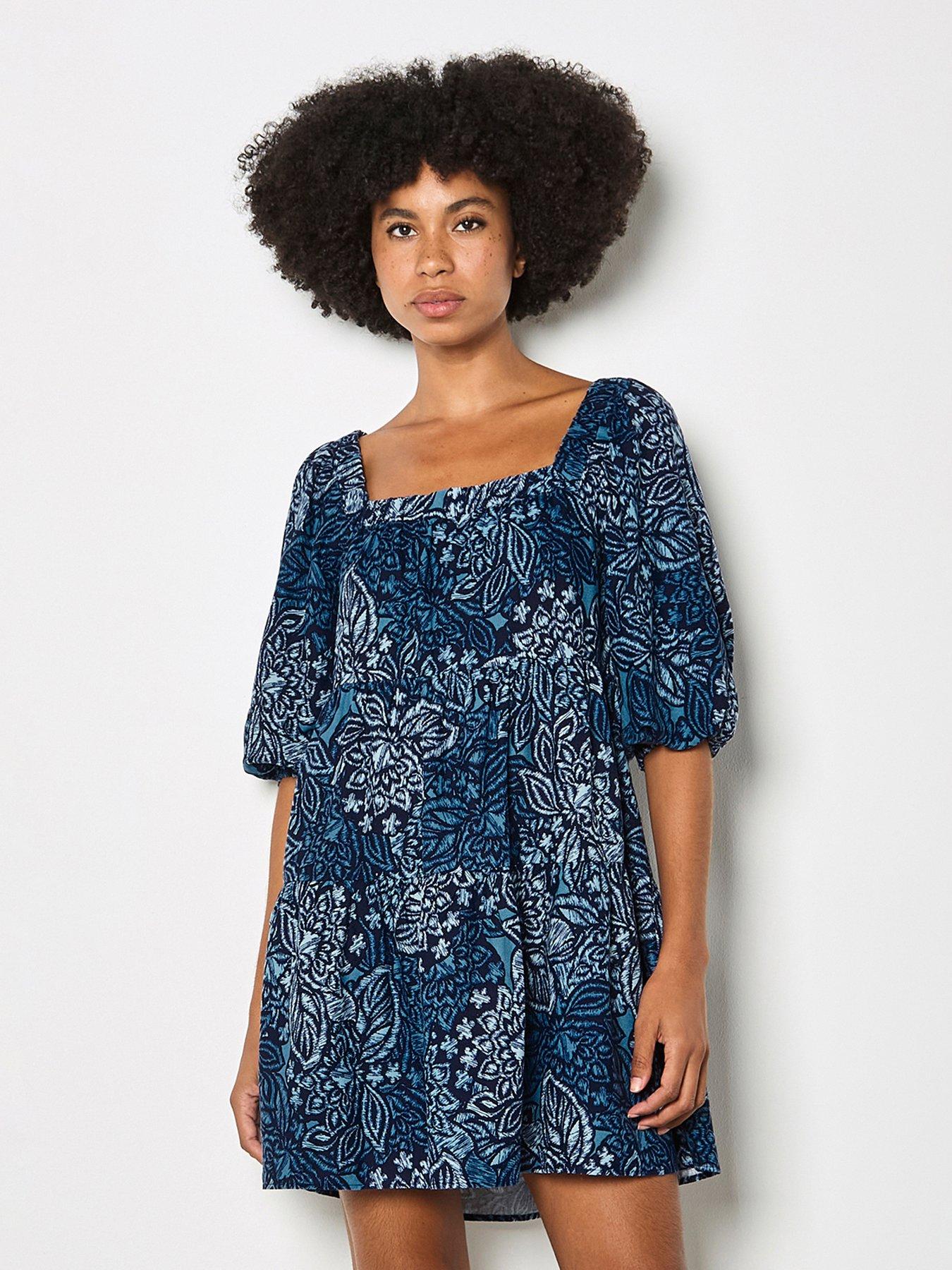 Image 1 of 4 of Apricot Floral Large Scale Tile Print Tiered Mini Dress - Blue