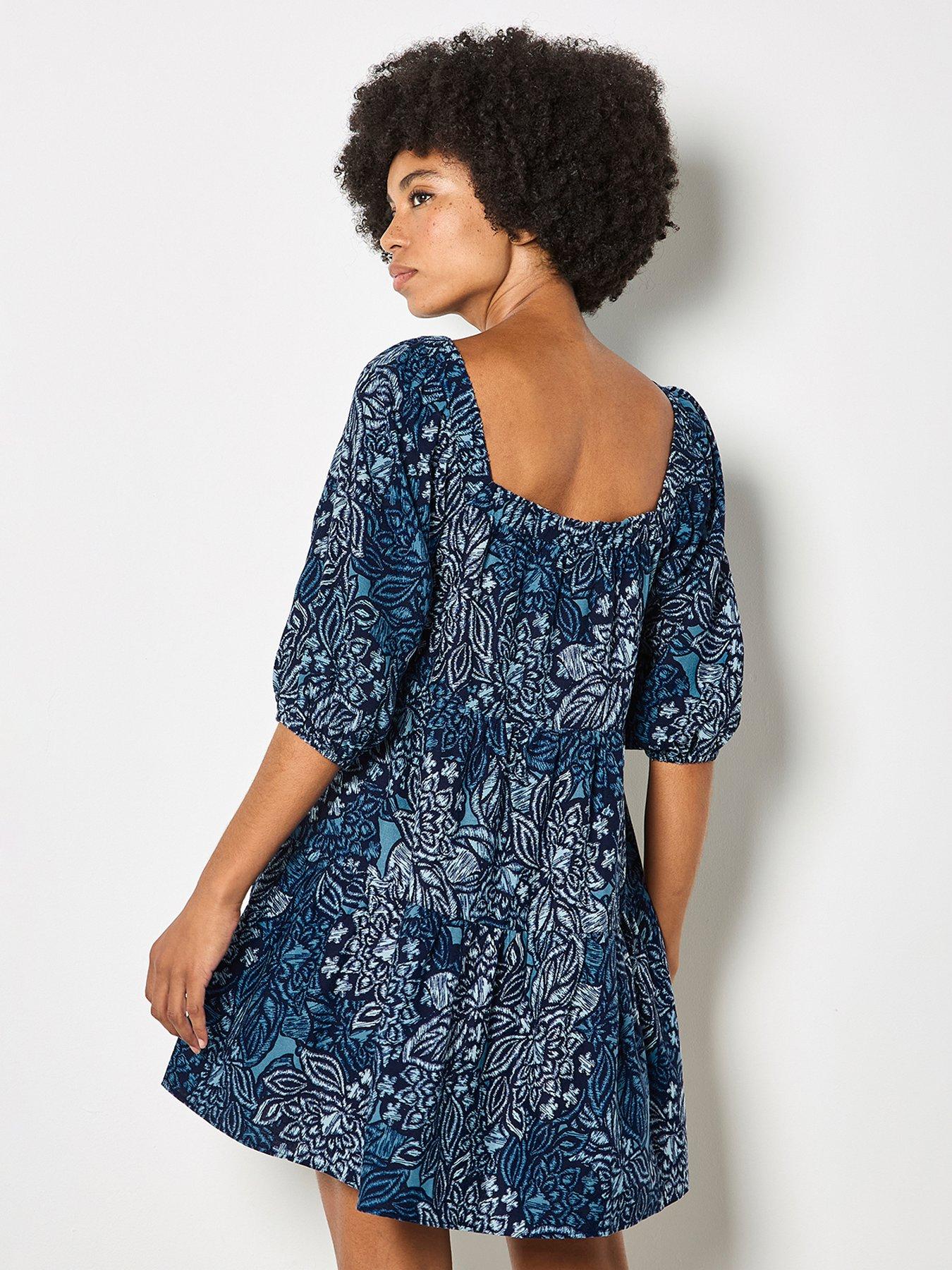 Image 2 of 4 of Apricot Floral Large Scale Tile Print Tiered Mini Dress - Blue