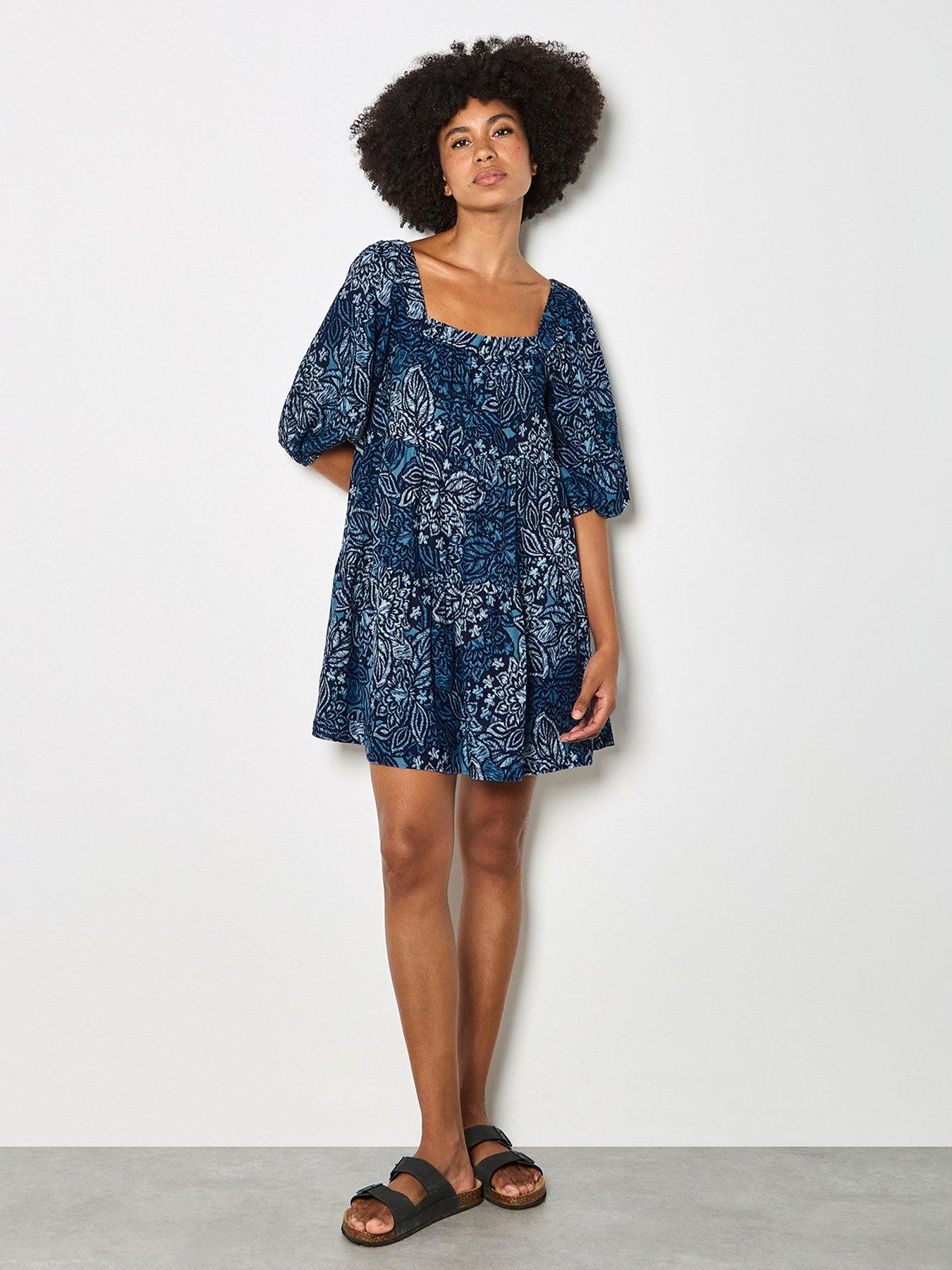 Image 3 of 4 of Apricot Floral Large Scale Tile Print Tiered Mini Dress - Blue