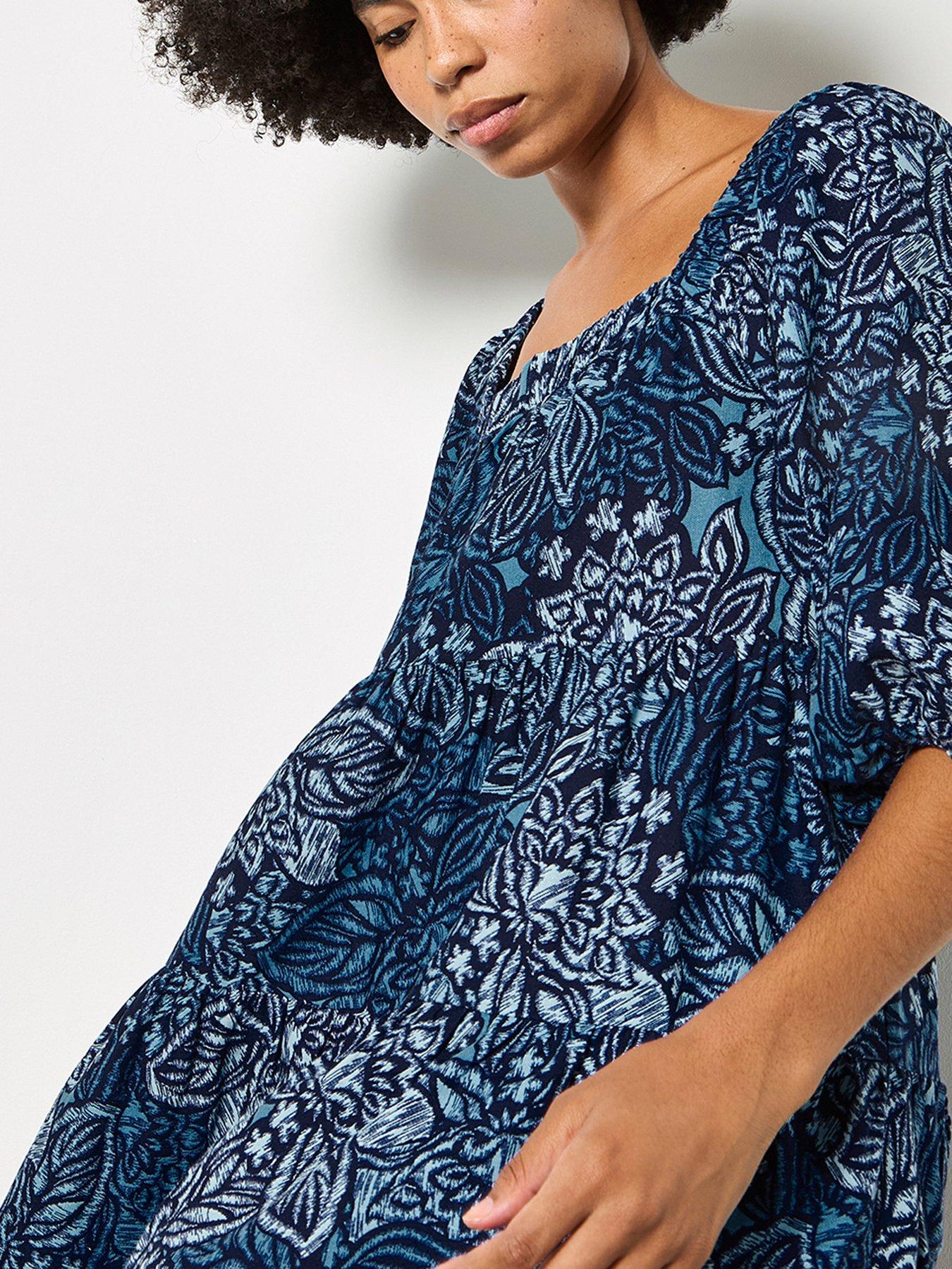 Image 4 of 4 of Apricot Floral Large Scale Tile Print Tiered Mini Dress - Blue