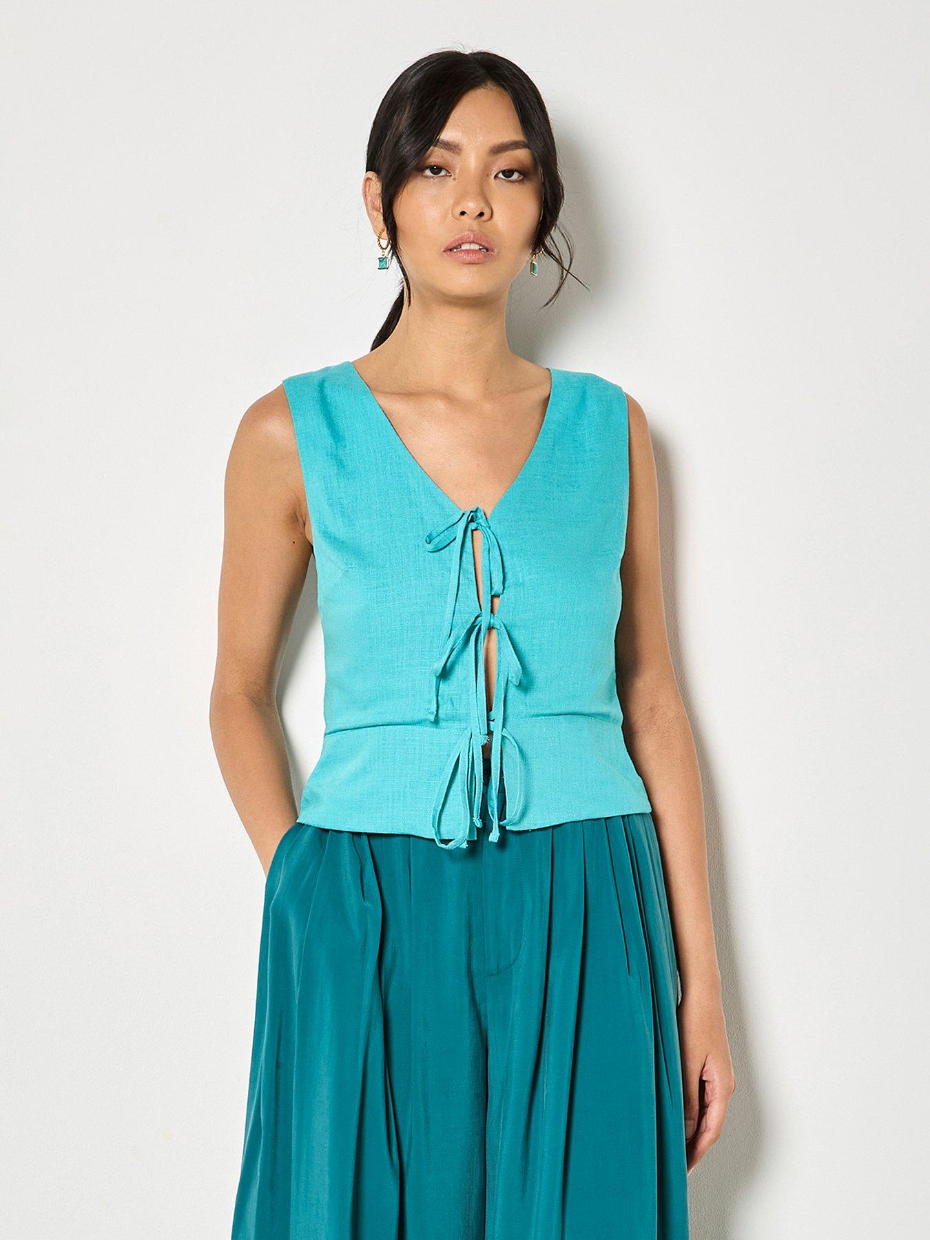 Apricot Tie Front Linen Blend Sleeveless Top - Blue