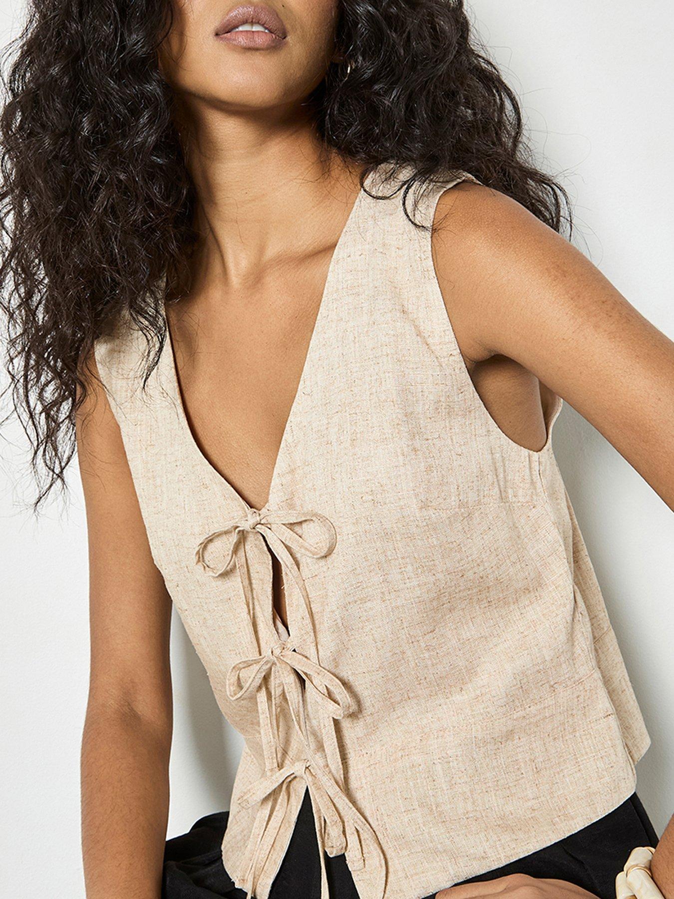 Apricot Tie Front Linen Blend Sleeveless Top - Cream