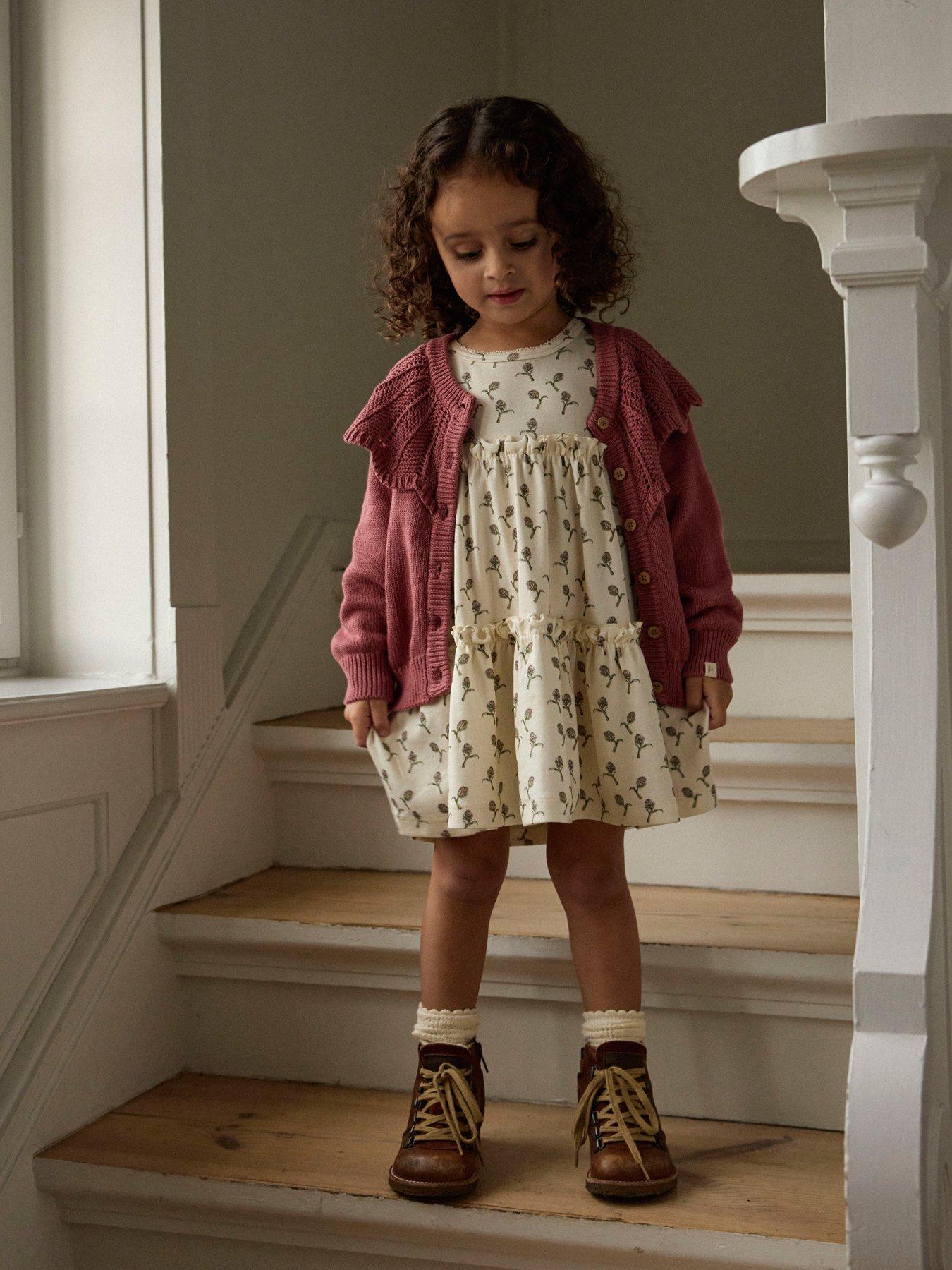 Lil Atelier Mini Girls Printed Long Sleeve Jersey Dress - Cream