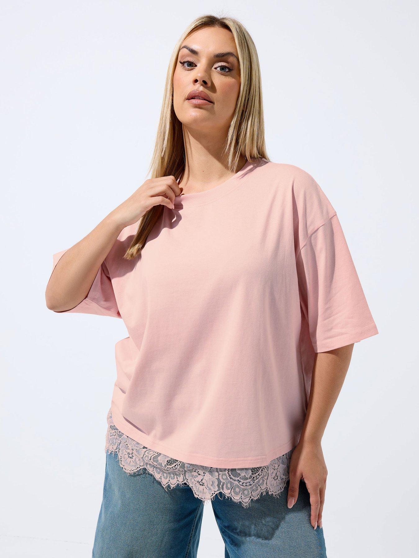 Image 1 of 4 of Yours Curve Lace Hem Top - Pink