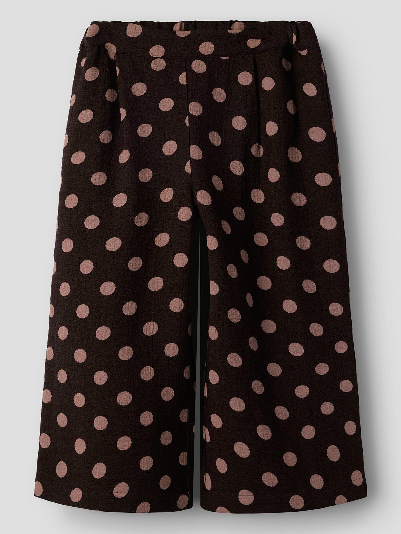 Image 1 of 3 of Name It Mini Girls Spot Print Wide Leg Co-ord Trousers - Dark Brown