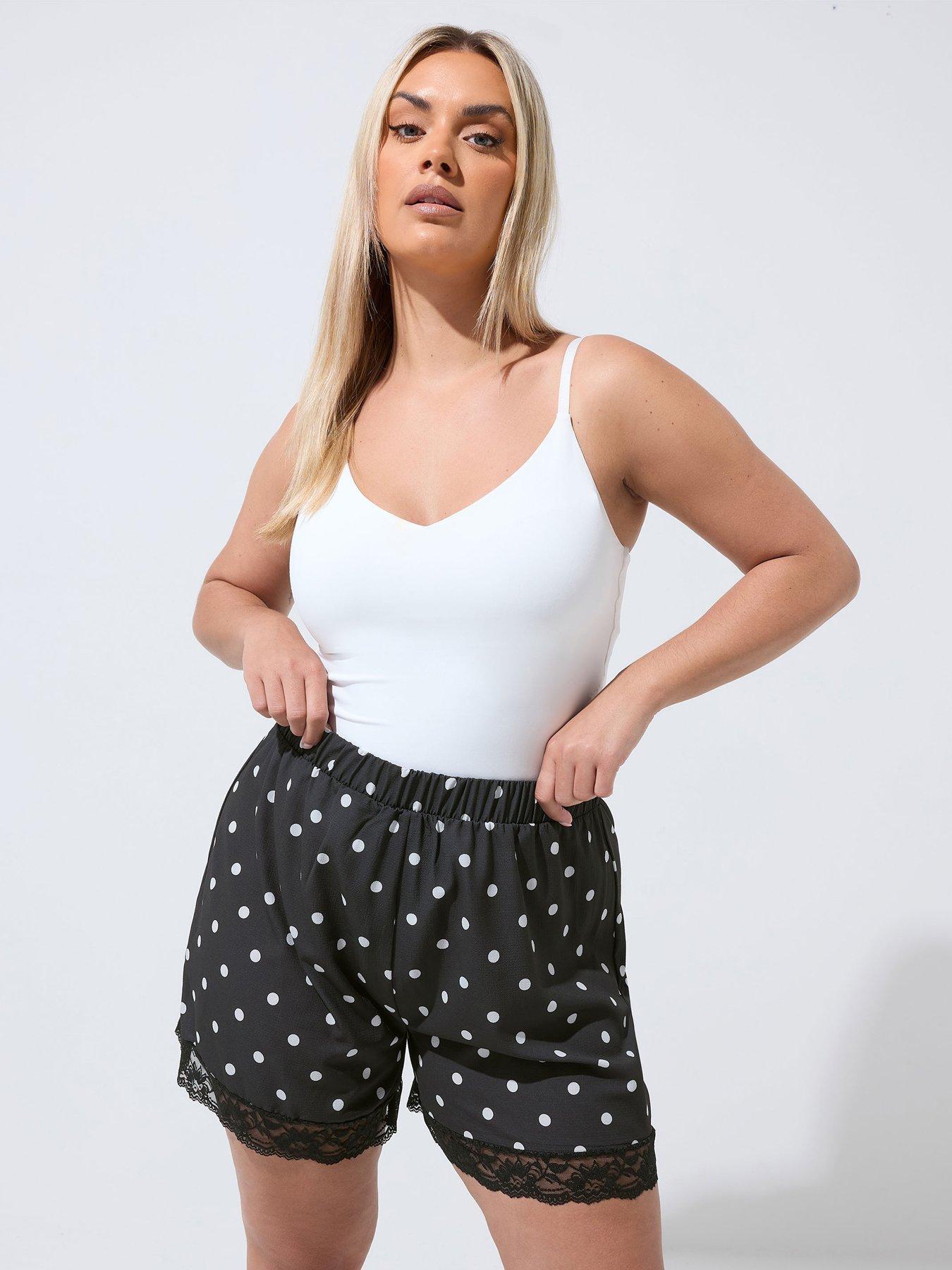 Yours Curve Polka Dot Lace Hem Short - Black