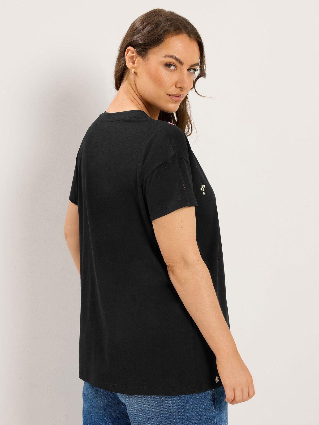 Image 2 of 4 of Yours Curve Embroidered Blossom T-Shirt - Black