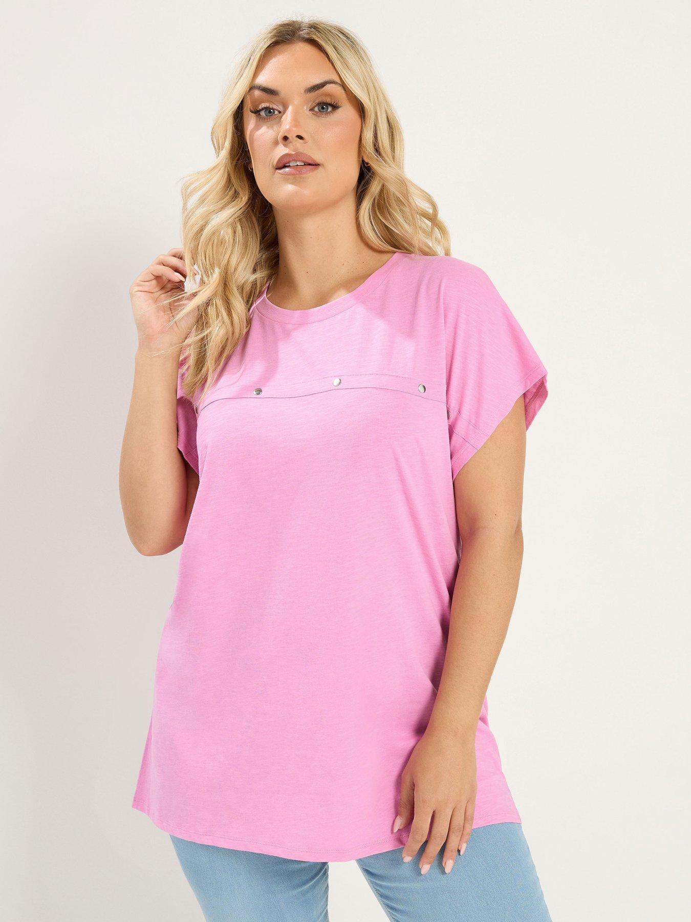 Yours Curve Cotton Slub Stud Detail Top - Pink