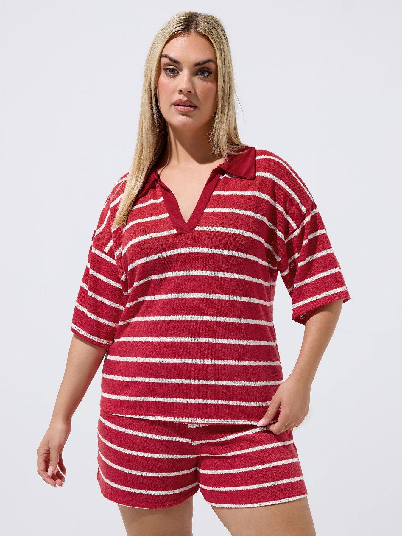 Yours Curve Stripe Rugby Collar Top - Red