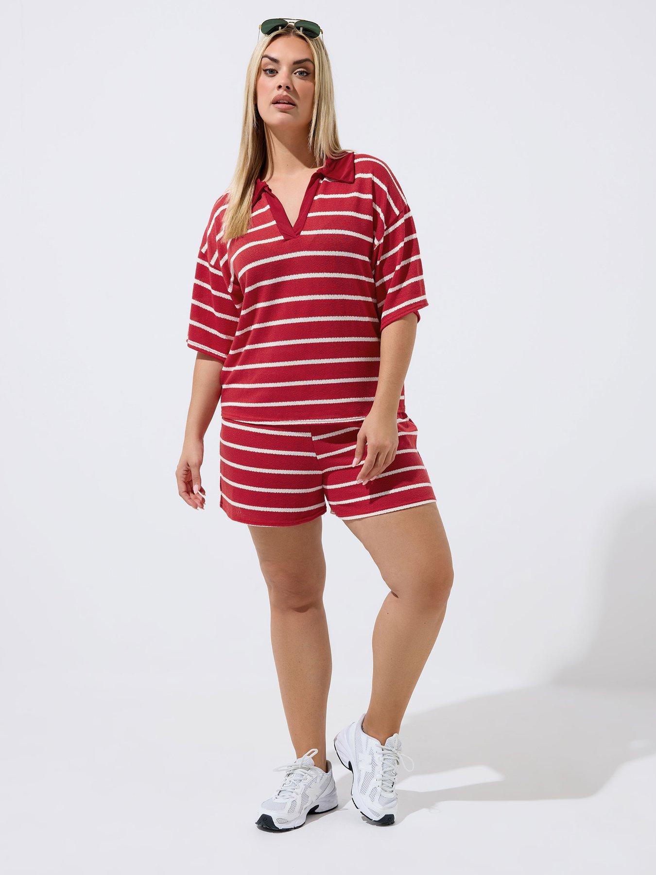 Image 3 of 4 of Yours Curve Stripe Rugby Collar Top - Red