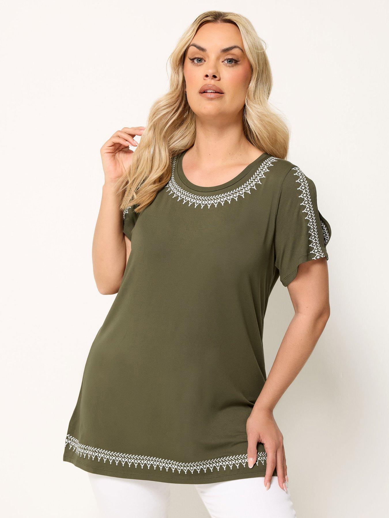 Yours Curve Embroidered Cold Shoulder Top - Green