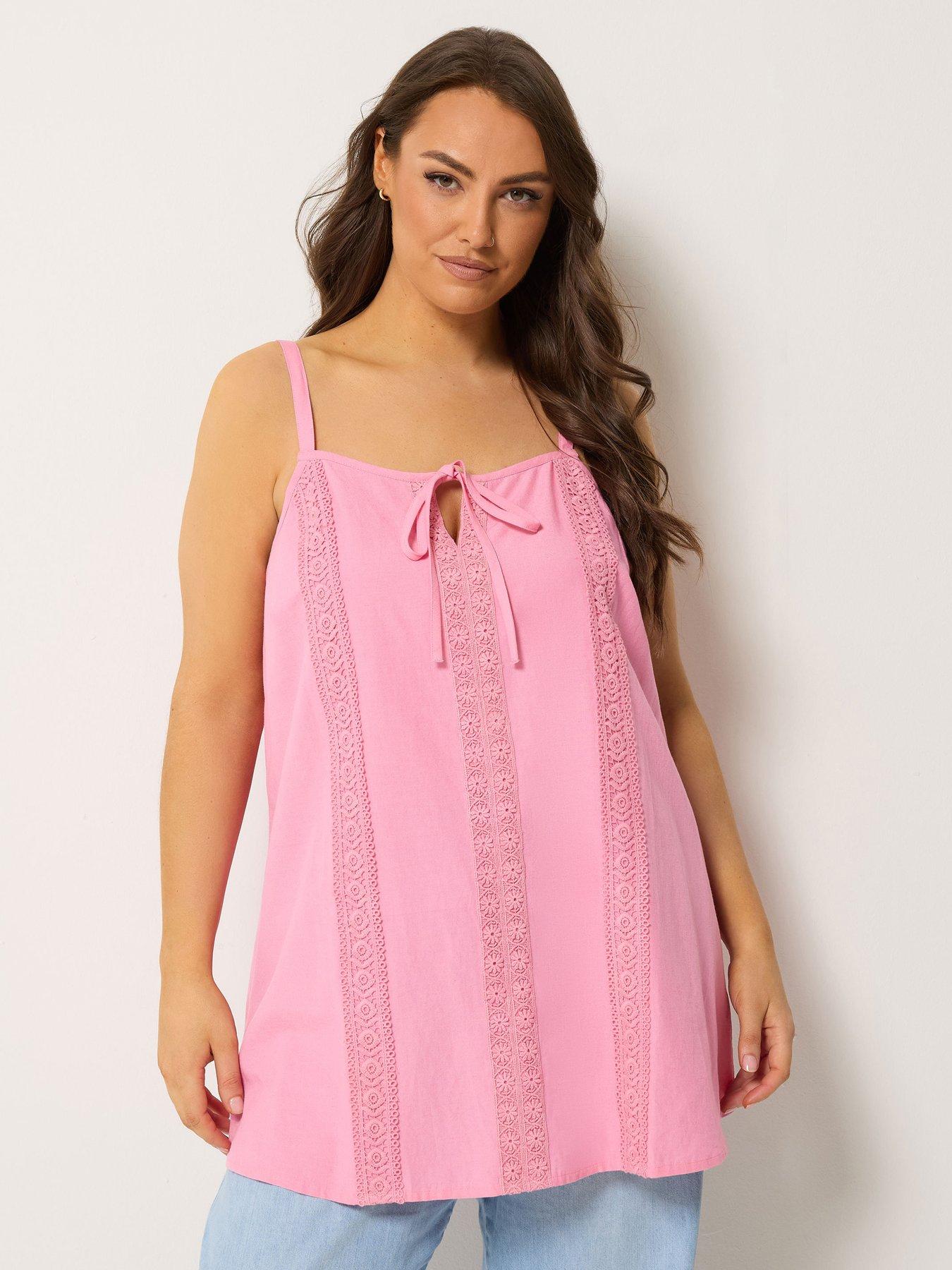 Image 1 of 5 of Yours Curve Tie Front Crochet Cami Top - Pink