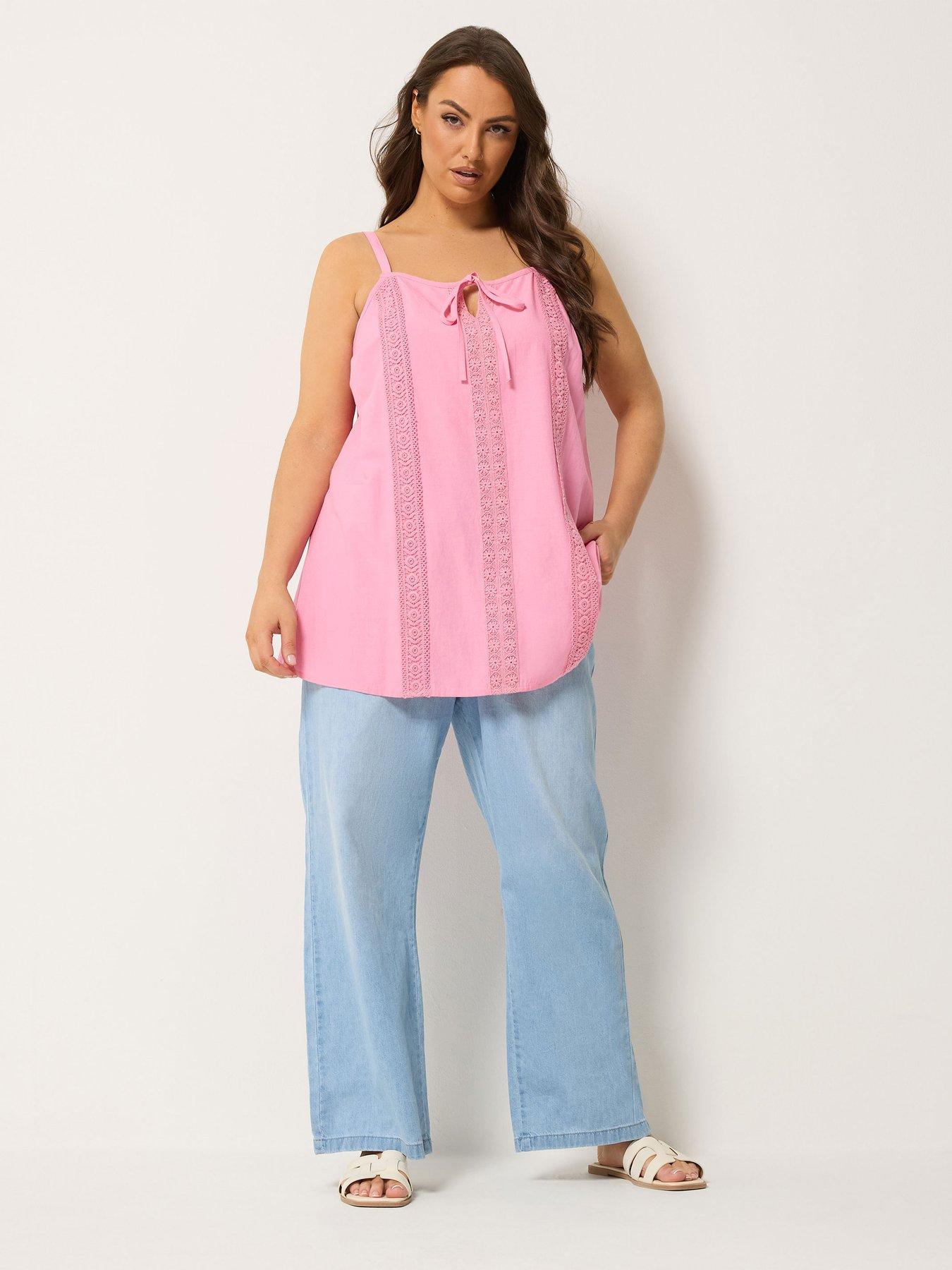 Image 3 of 5 of Yours Curve Tie Front Crochet Cami Top - Pink