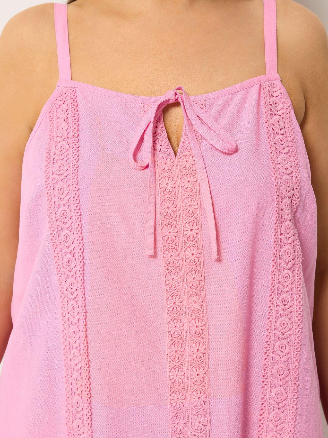 Image 4 of 5 of Yours Curve Tie Front Crochet Cami Top - Pink