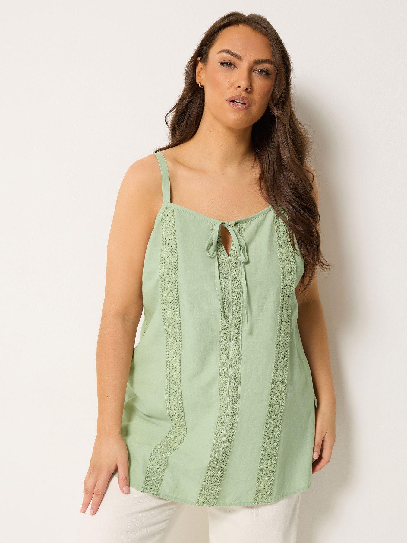 Image 1 of 5 of Yours Curve Tie Front Crochet Cami Top - Green