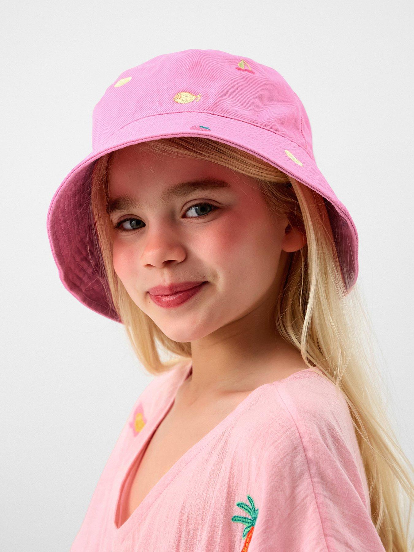 Image 1 of 3 of Accessorize Girls Embroidered Fruits Bucket Hat - Pink