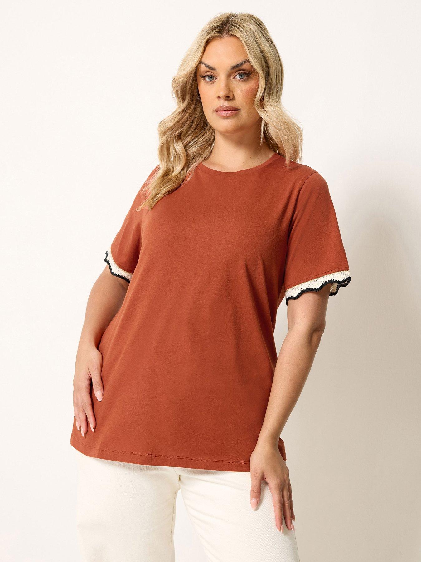 Yours Curve Lurex Trim T-Shirt - Orange