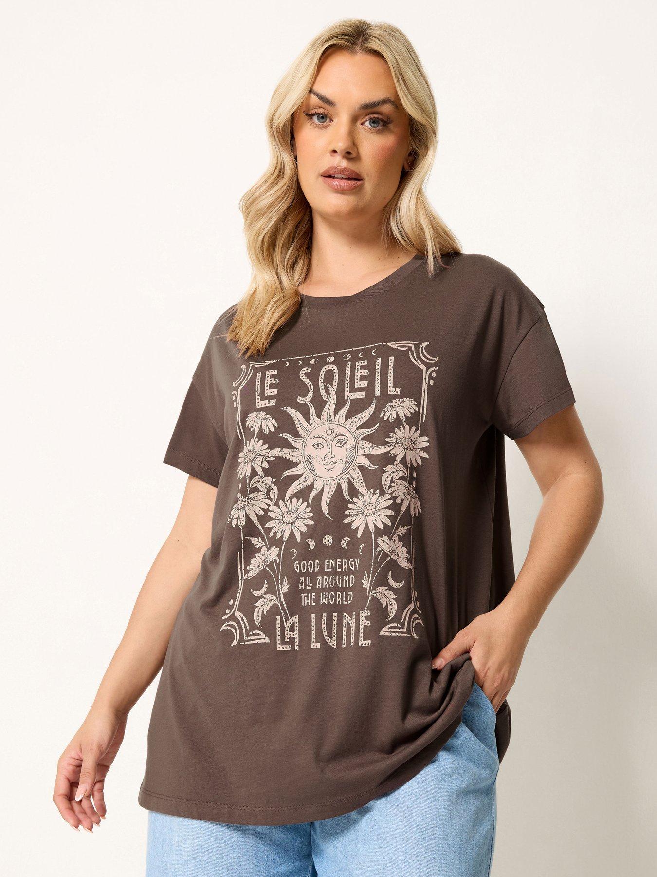 Yours Curve Printed Placement Core T-Shirt - Brown