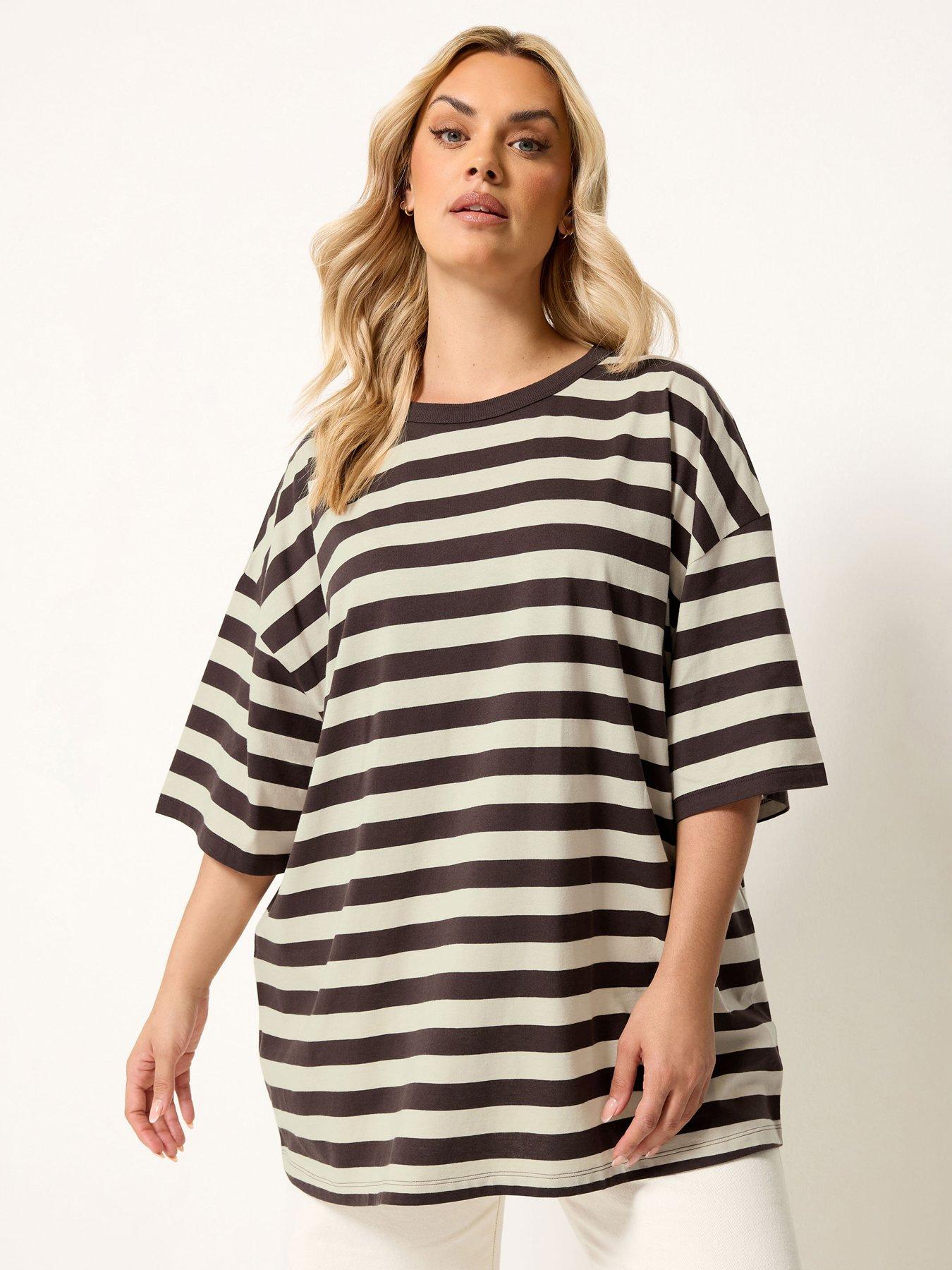Yours Curve Striped Boxy T-Shirt - Brown