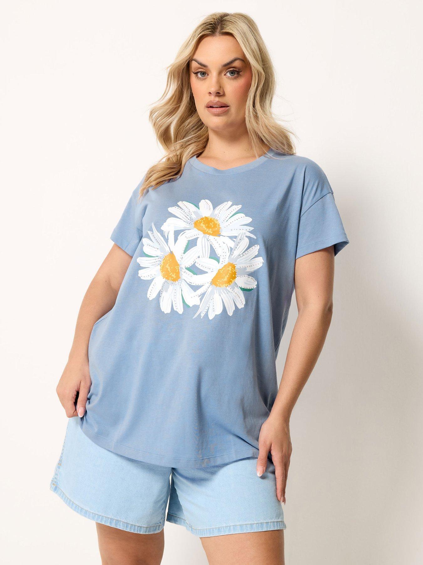 Image 1 of 4 of Yours Curve Printed Placement Core T-Shirt - Blue
