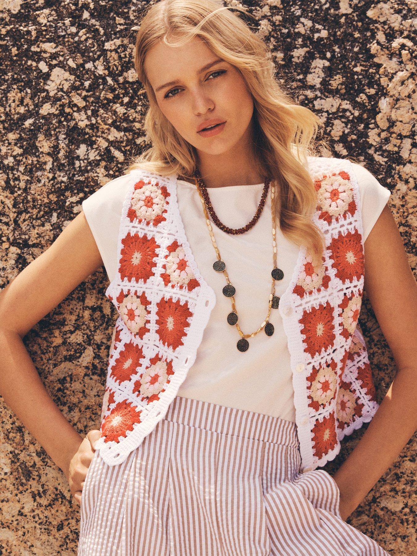 Apricot Crochet Button Through Vest - Red