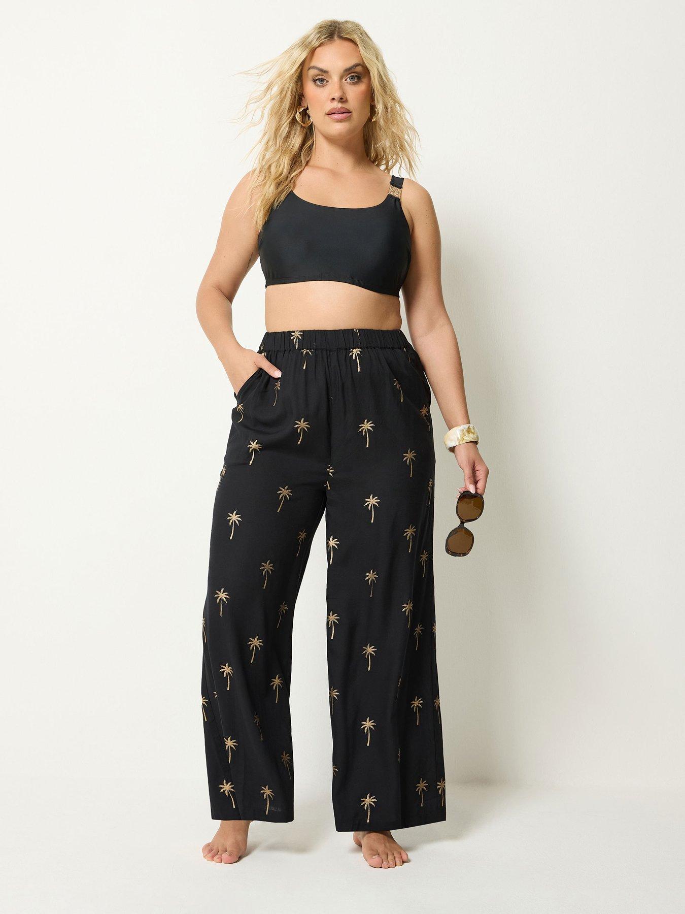 Yours Curve Foil Palm Tree Beach Trousers - Black