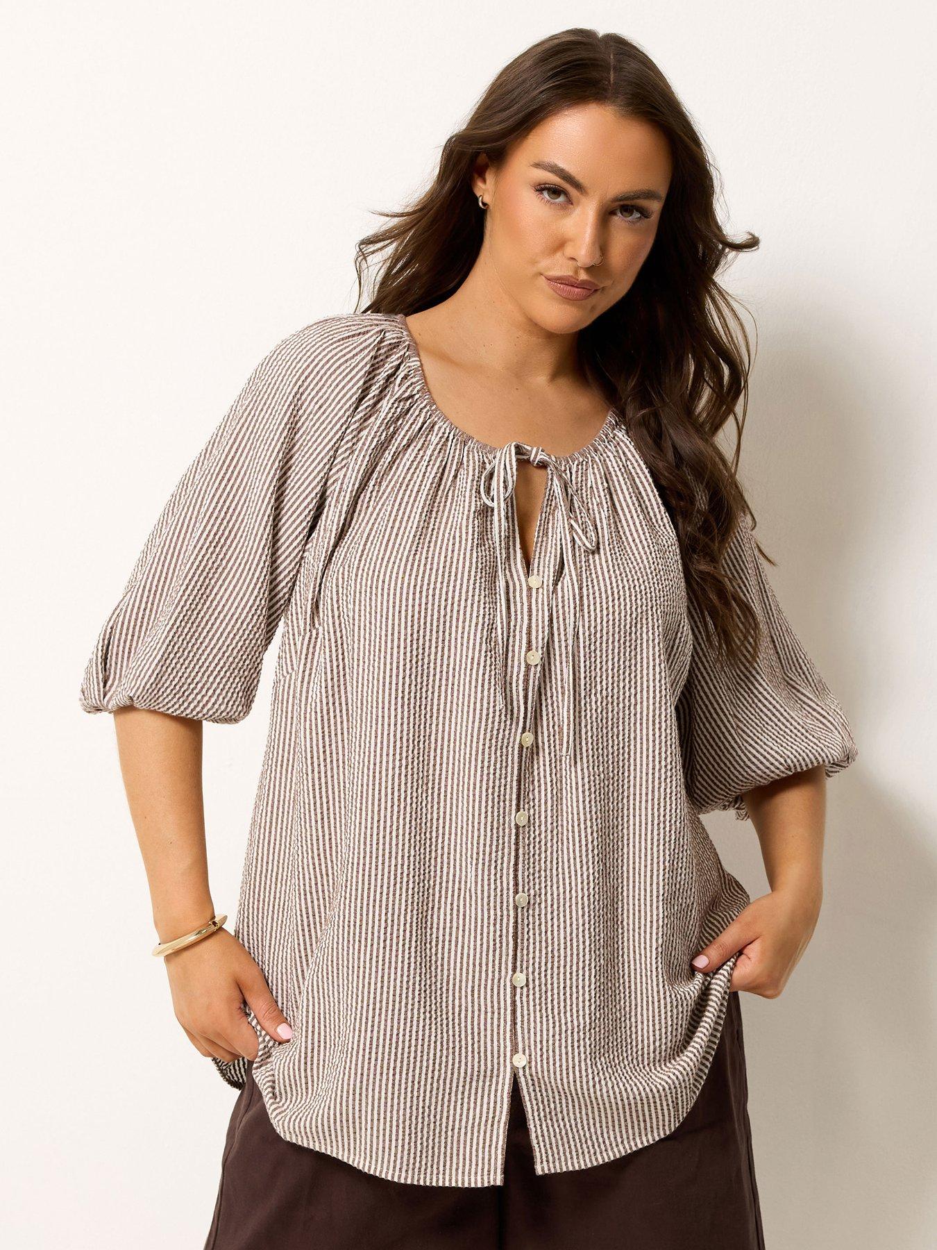 Yours Curve Stripe Print Puff Sleeve Blouse - Brown