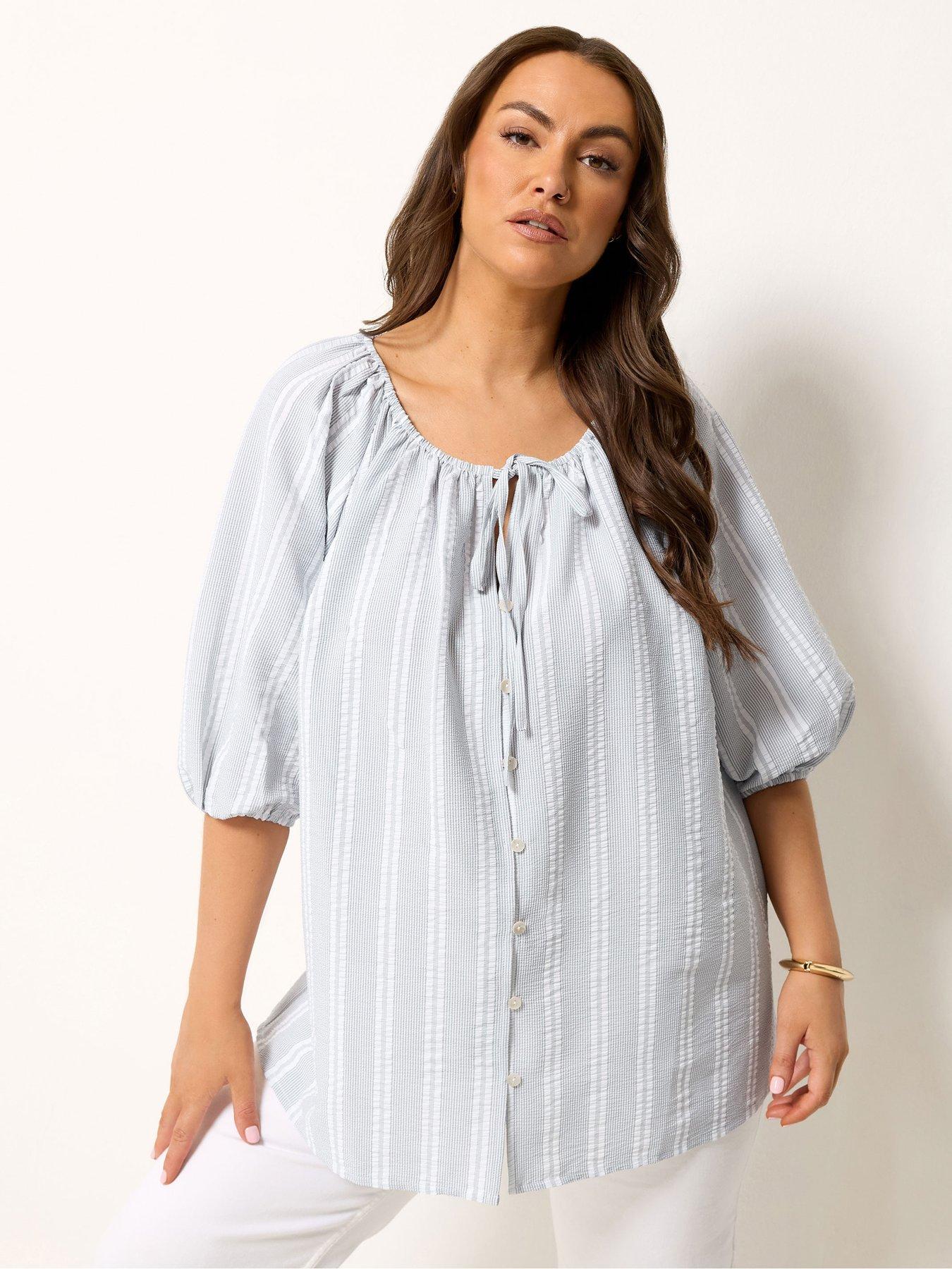 Yours Curve Stripe Tie Neck Top - Grey