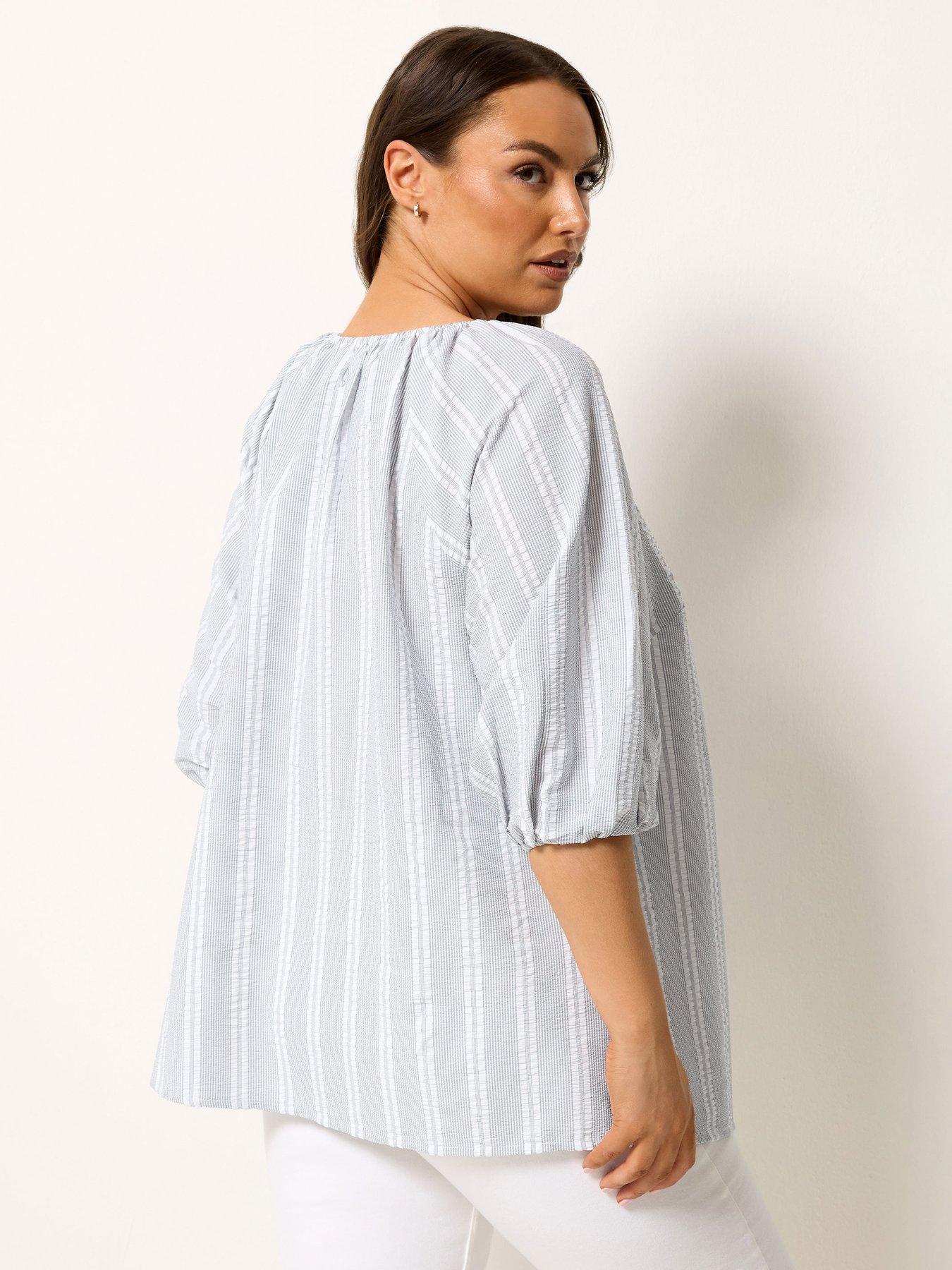 Image 2 of 4 of Yours Curve Stripe Tie Neck Top - Grey