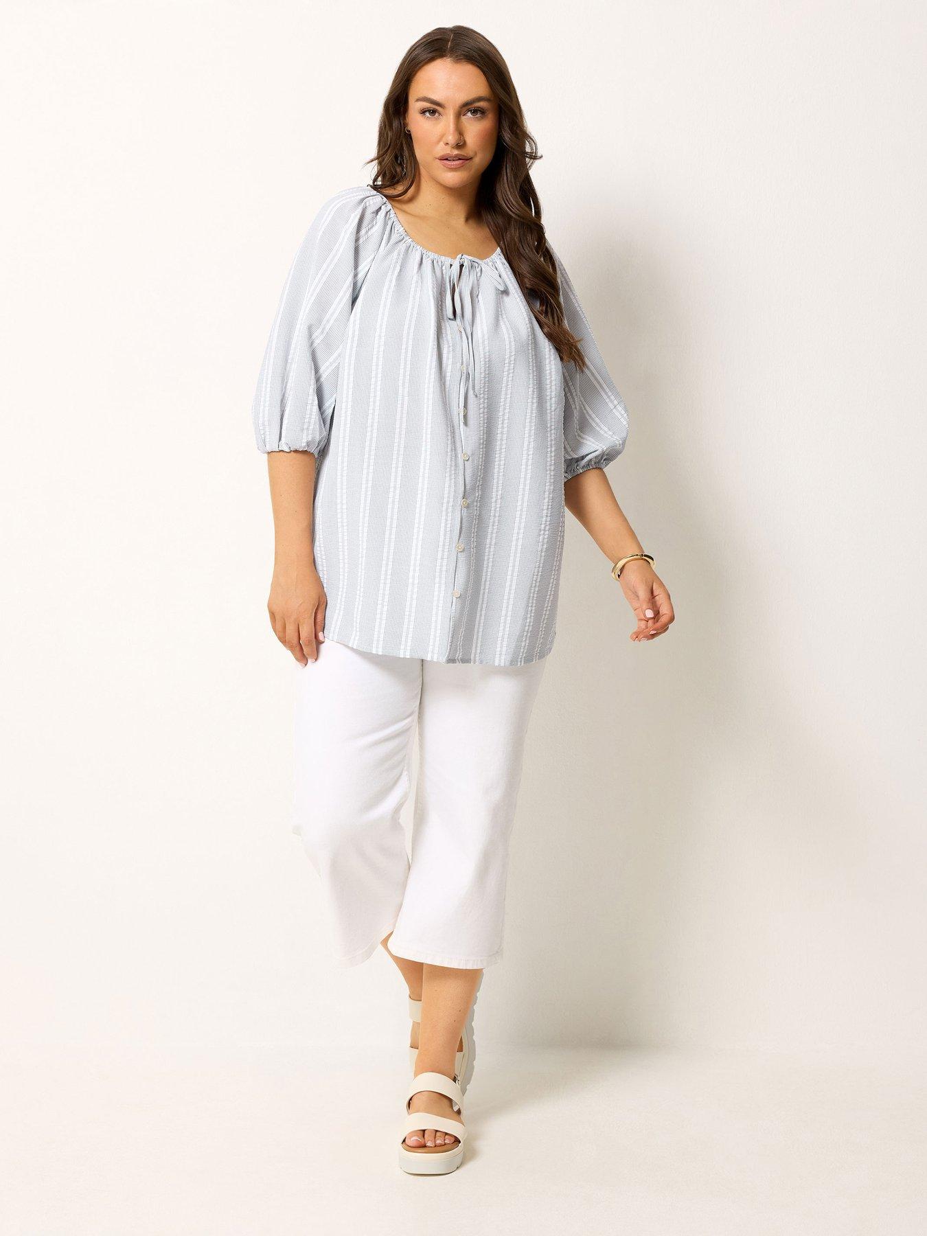 Image 3 of 4 of Yours Curve Stripe Tie Neck Top - Grey