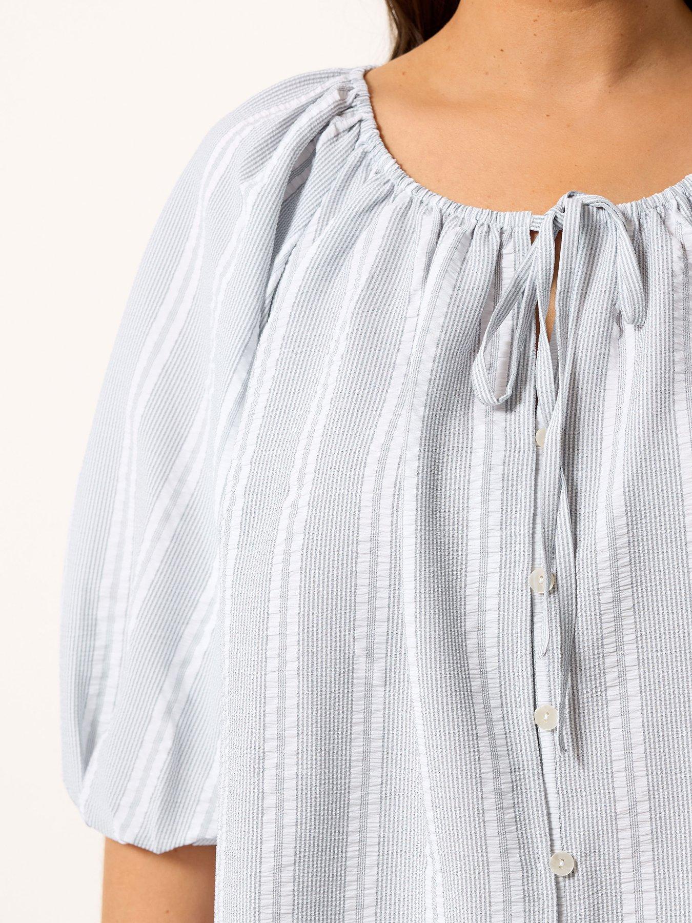 Image 4 of 4 of Yours Curve Stripe Tie Neck Top - Grey