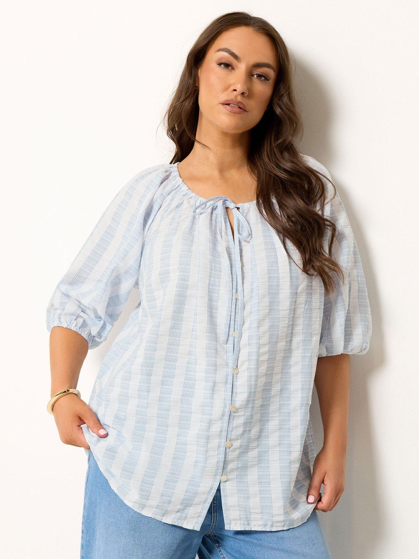 Image 1 of 4 of Yours Curve Stripe Tie Neck Top - Blue