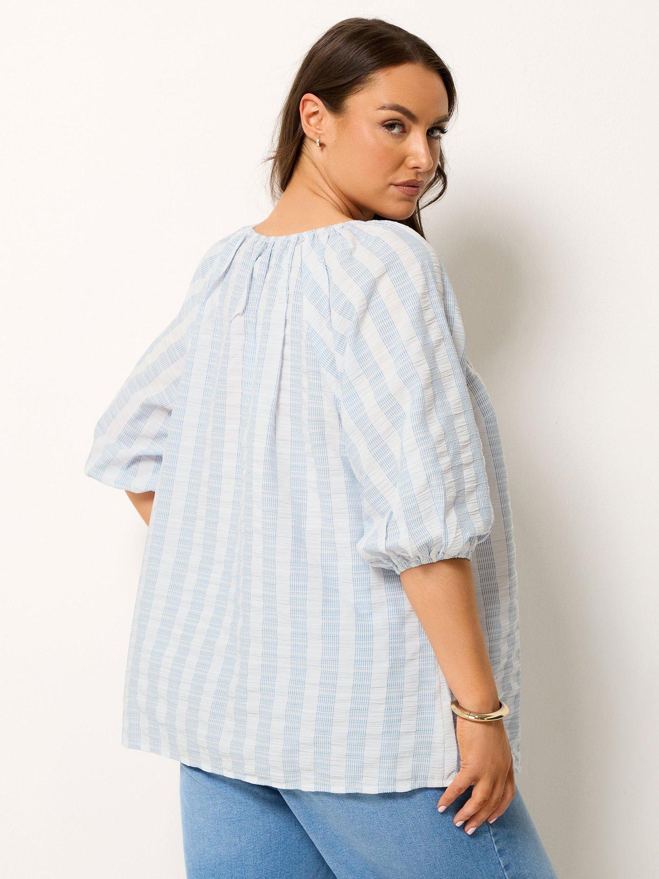 Image 2 of 4 of Yours Curve Stripe Tie Neck Top - Blue