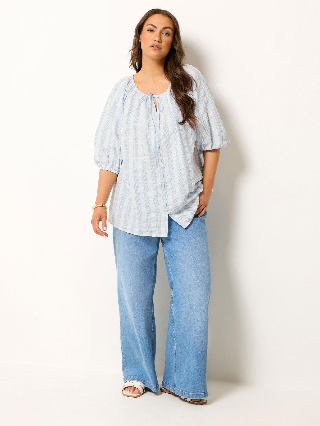 Image 3 of 4 of Yours Curve Stripe Tie Neck Top - Blue