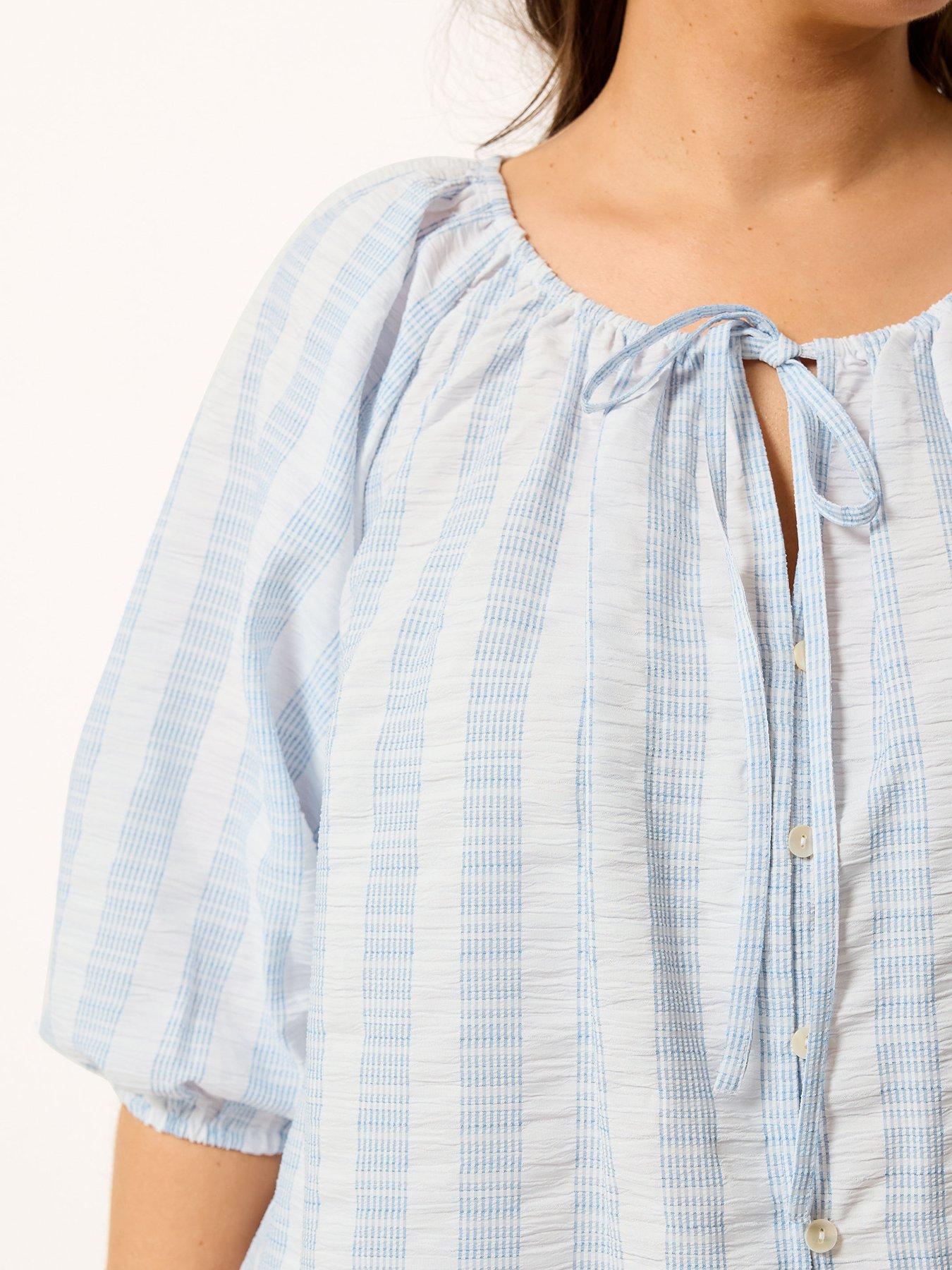 Image 4 of 4 of Yours Curve Stripe Tie Neck Top - Blue