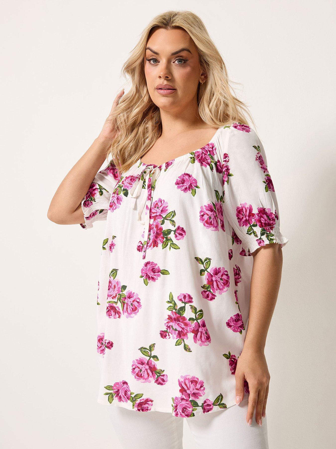Image 1 of 4 of Yours Curve Floral Print Gypsy Top - White
