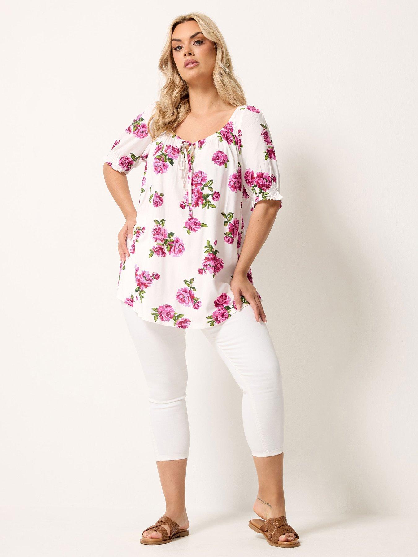Image 3 of 4 of Yours Curve Floral Print Gypsy Top - White