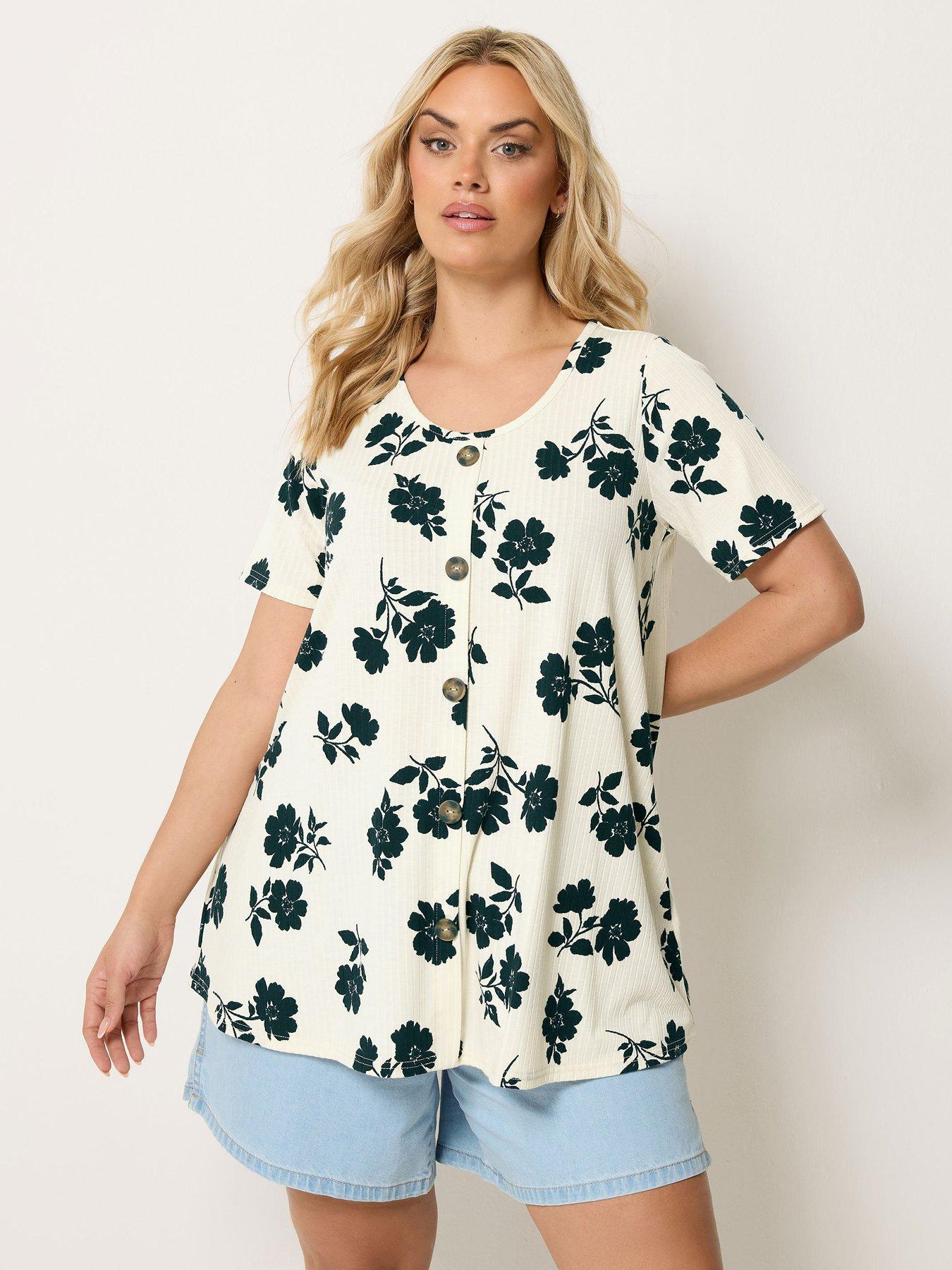 Yours Curve Printed Button Front Swing T-Shirt - Cream